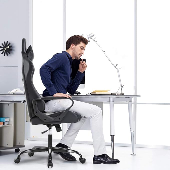 Gaming Chair with Lumbar Support High-Back Office Chair for Adults with Ergonomic Computer Racing Chair PU Desk Task Chair with Support Flip Up Arms Headrest Black