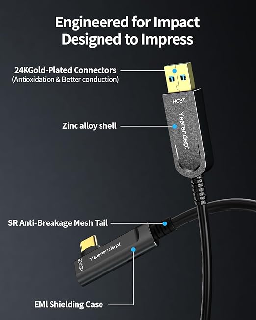 USB C Cable 33ft Right AngleFiber Optic USB 3.2 Gen2 10Gbps Active Optical Long Distance USB A to C Cord for Webcams4K CamerasVR/ARHubsHDDsProjectors &amp Medical Systems