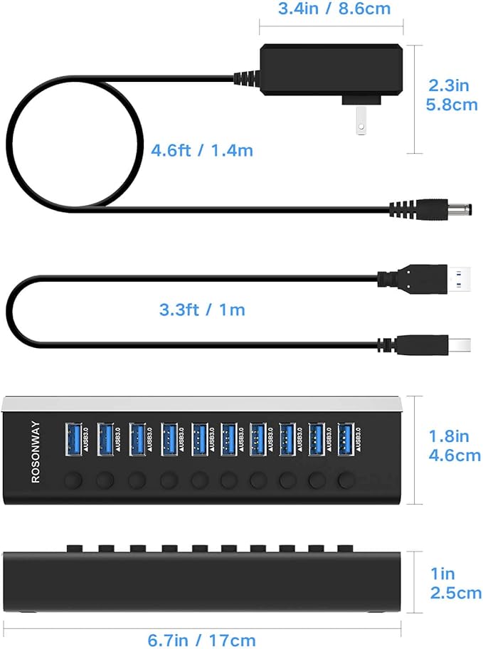 Powered USB Hub Rosonway Aluminum 10 Port USB 3.0 Data Hub with 36W (12V/3A) Power Adapter and Individual On/Off Switches USB Splitter(RSH-A10) (Pack of 2)