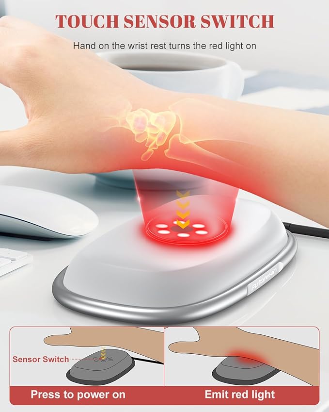 Red Light Therapy Mouse Wrist Rest - 660nm+850nm Touch-Activated Near-Infrared Light for Hand Ergonomic Design for Office/Gaming/Travel/Laptop