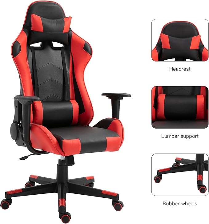 Modern-Depo Gaming Chair with Headrest and Lumbar Support Height Adjustable Swivel Office Chair High-Back Recliner Black Red