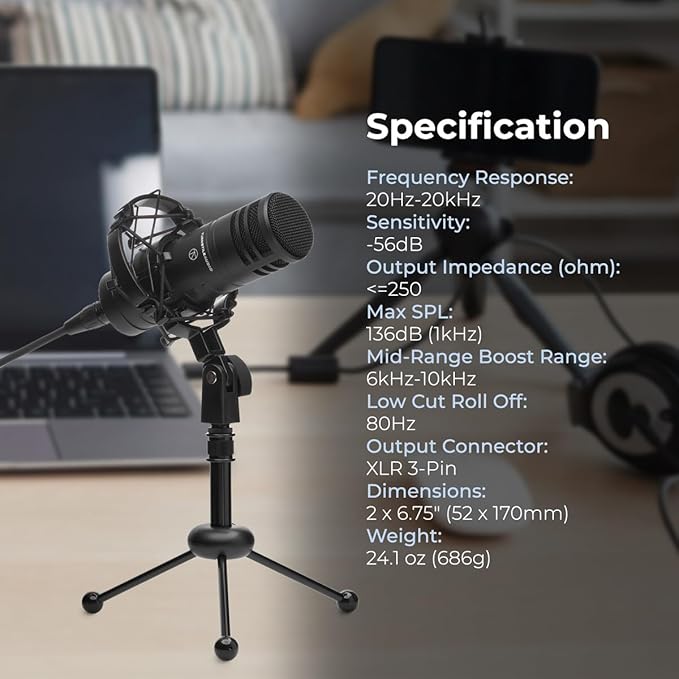 Platform Series TAP500 Cardioid Dynamic Broadcast Microphone for Podcast Recording Music Speech Wide-Range Frequency Natural Sound Mid-Boost Streaming Studio Low-Cut