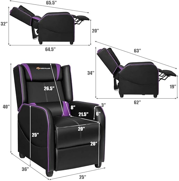 LDAILY Massage Recliner Chair Racing Style Gaming Chair w/Massage Lumbar Cushion Footrest &amp Headrest Ergonomic PU Leather Single Recliner Sofa for Living Room Home Office (Purple)