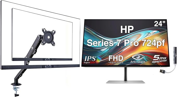 HP Series 7 Pro 724pf 24 FHD IPS Monitor with 5ms Response Time Anti-Glare Flicker Free VESA Mount (100mm) Displayport HDMI Black/Silver (8X530AA#ABA) w/DKZ Hub &amp ErgoFlexy Single Mount Arm