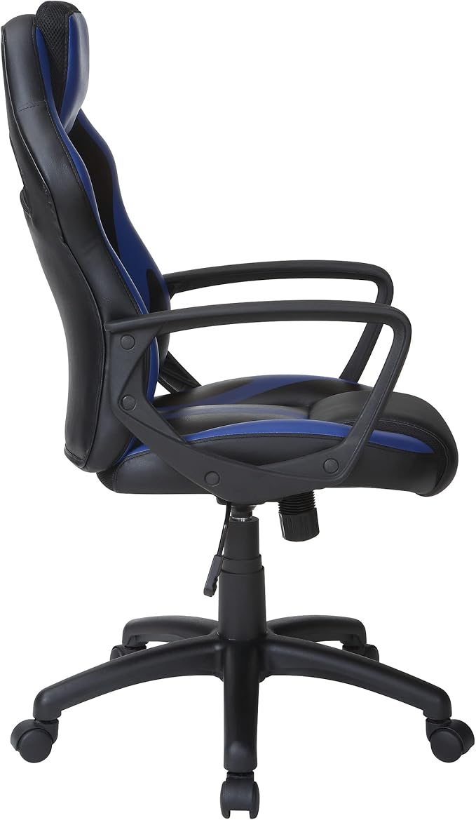 OSP Home Furnishings Influx Adjustable Faux Leather Gaming Chair with Lumbar Support and Full 360 Rotation Blue Accents