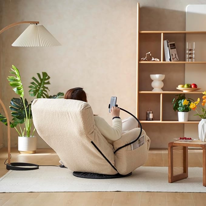 360 Degree Swivel Floor Chair with Adjustable Headrest &amp Backrest Folding Floor Gaming Chair with Phone Holder &amp Built-in Spring Seat Bag for Home Office 5 Adjustable Position Beige
