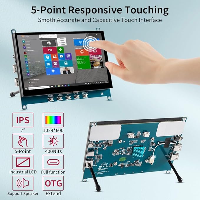 7 Inch Touch Screen Display for Raspberry PI 5 | 1024×600 | IPS |Sunlight Readable IHDMI/USBC Dp Alt Mode Support| OTG|Low Power Consumption| Driver-Free Mini Size Monitor