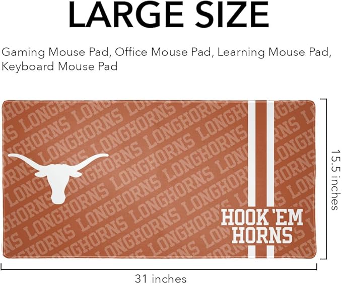 University of Texas Longhorns Hook 'em Horns Large Gaming Mouse Pad Desk Mat with Stitched Edges Non-Slip Base for Gamer Home and Office 31.5 x 15.7