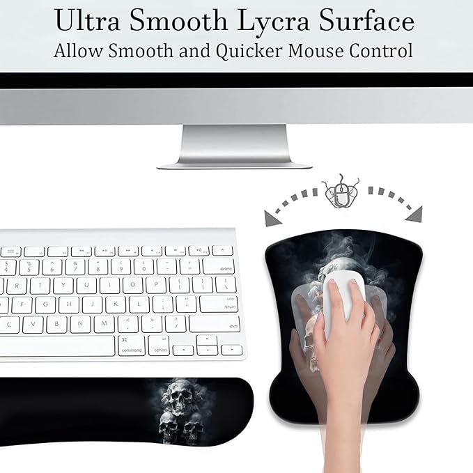 Mouse Wrist Rest and Keyboard Wrist Rest Pad+ Coaster Set Non-Slip Rubber Base Smooth Surface Ergonomic Gaming Mouse Pad for Easy Typing and Pain Relief Smoke Skull