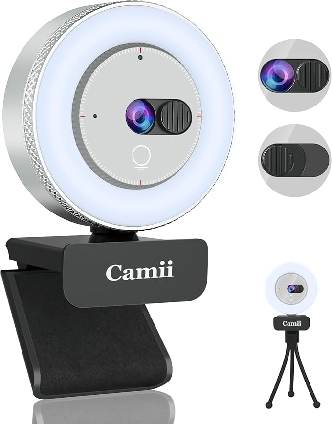 Camii 2K Webcam with Light HD Webcam for PC with Built-in Privacy Cover Adjustable Brightness Noise Reduction Mics for Zoom Skype Teams Laptop and Google Meet
