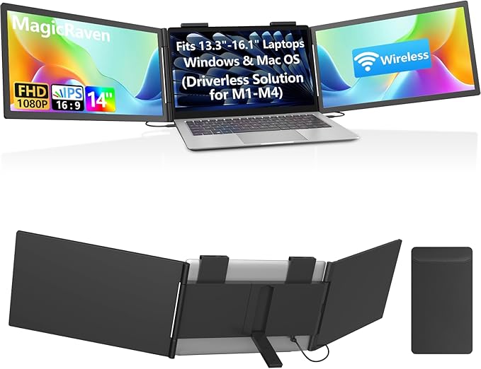 Dual Laptop Screen Extender 14 1080P IPS Wireless &amp Wired Portable Triple Monitor Hybrid Connection (1 Cable + Wireless) for 13.3-16.1 Laptops Support MacBook M1-M5 Series&amp Windows(No Spe