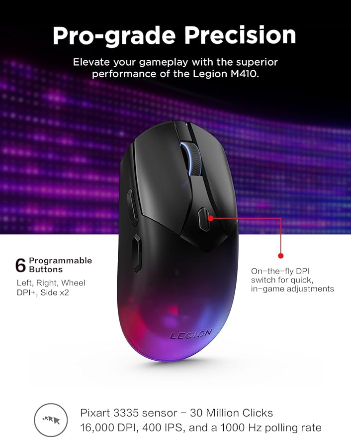 Lenovo Legion M410 Wireless RGB Gaming Mouse – 6 Button Palm Grip Mouse with 16000 DPI 53 Hour Rechargeable Battery 2-Zone RGB Lighting NVIDIA Reflex Compatible