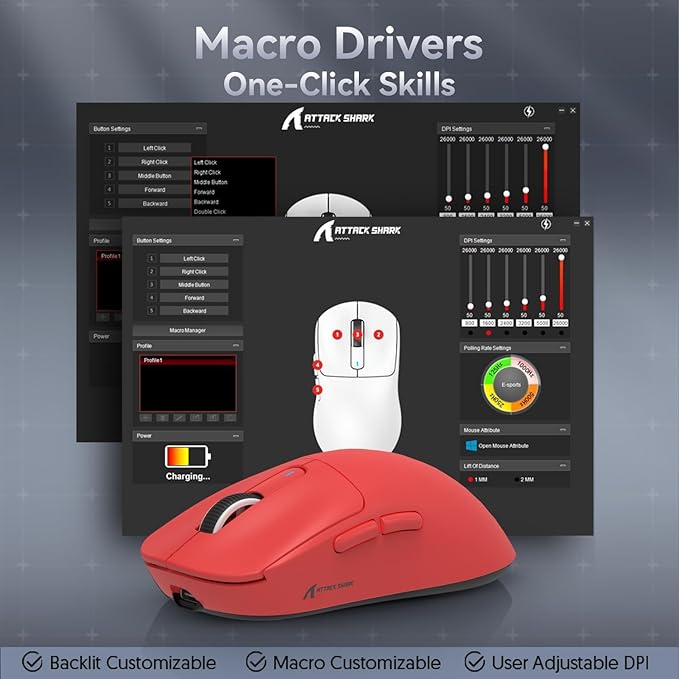 MAMBASNAKE Attack Shark X3 Wireless Gaming Mouse 49g Ultralight PixArt PAW3395 26000 DPI Bluetooth/2.4Ghz /Wired Tri-Mode 200Hrs Rechargeable Battery Kailh GM8.0 Switch for PC/MAC/Win - Red