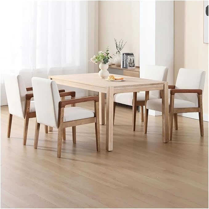 Adjustable Office Computer Chair with Armrest 1pcs Modern Style Linen White Upholstered Solid Wood Dining Chairs with Armrests
