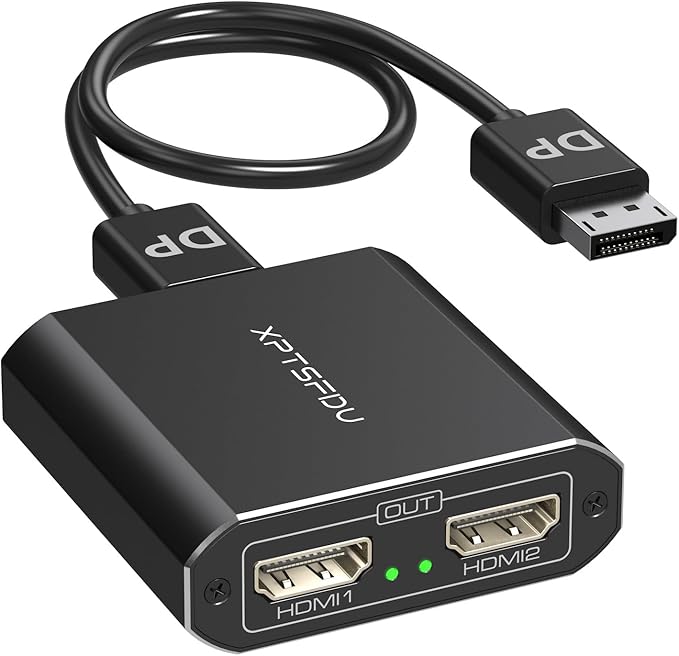 DisplayPort to HDMI Splitter 4K60Hz DP to Dual HDMI Splitter 1 in 2 Out Extended Display with Power Cable Supports Extended and Mirror Mode for Windows (DP and HDMI Cable Not Included)