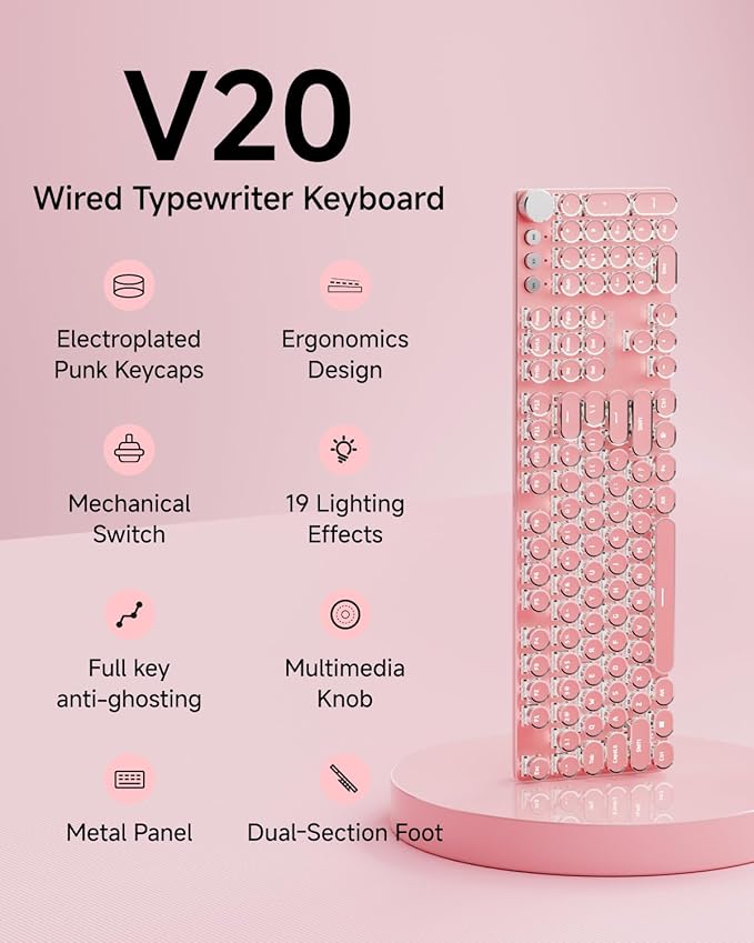 EWEADN Typewriter Style Mechanical Keyboard Wired Typewriter Keyboards104 Keys Backlit LED Metal Keyboards Media Control Knob Wired Computer Keyboard White Switch for Windows/Mac/PC-Dark Pink