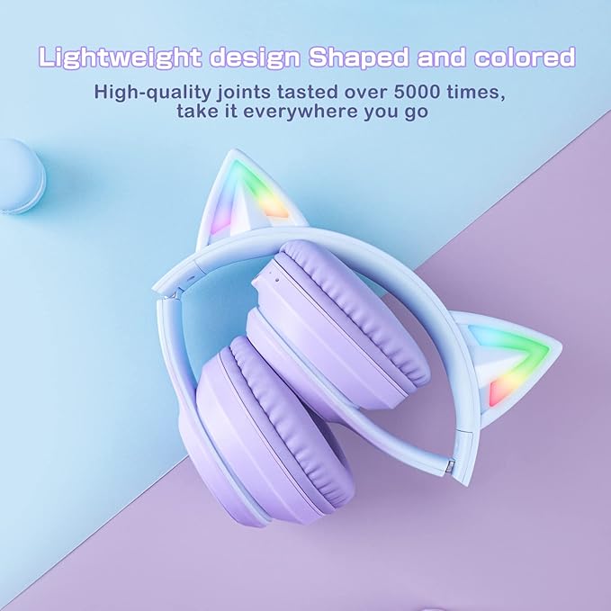 Bluetooth Cat Ear Headphones for Kids &amp Adults Wireless &amp Wired Mode Foldable Headset with Mic - Clear Sound Quality - RGB LED Light for Girls School Gaming for Phone/Laptop/PC/Tablet Purp