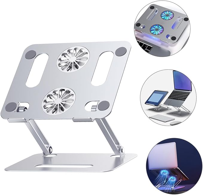 Homoyoyo Aluminum Alloy Laptop Cooler Stand with Dual Fans Adjustable Height Foldable Ventilated Support USB Cooling Pad for Gaming and Office Laptops Silver