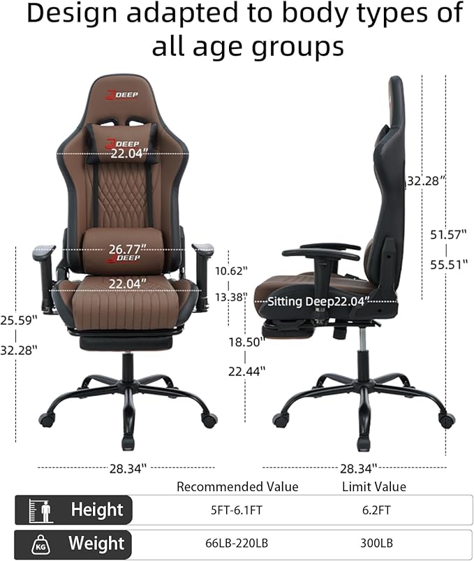 Video Game Chair with Footrest Ergonomic Comfortable Gaming Office Chair Height-Adjustable with a 360° Swivel Base and Headrest(1002-Brown)