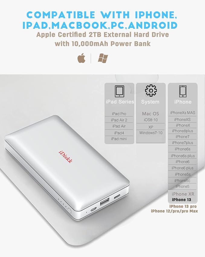 iDiskk App-le Mfi Certified 2TB External Hard Drive for Photo Stick for iPhone 17 and 16iPad Android Phones MaciPhone Photo Stick Photo Storage to Backup Photos | Videos | Files10000mAh Power Bank