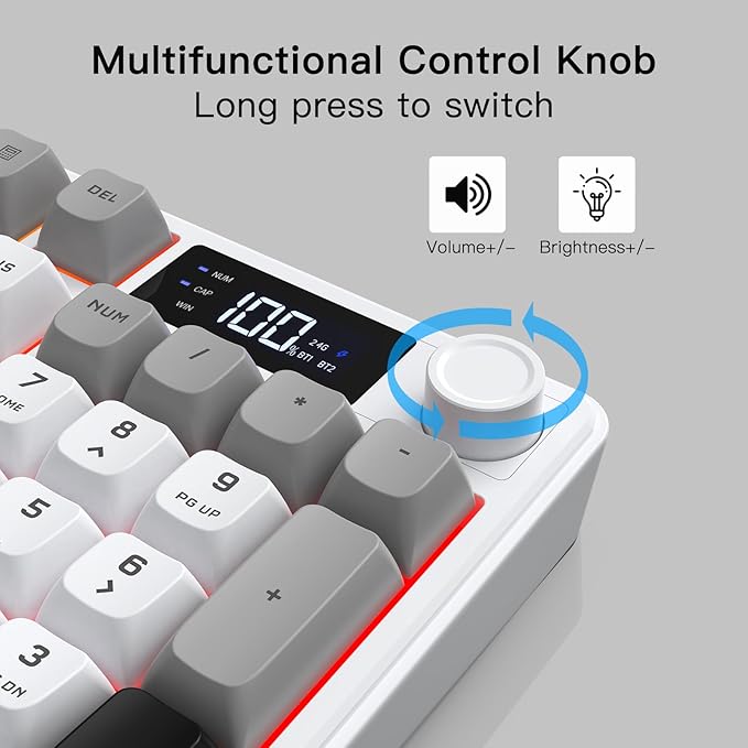 Wireless Gaming Keyboard with Smart Display &amp Knob Control Tri-Mode BT5.0/2.4GHz/Wired RGB Backlit Computer Keyboards with Number Pad 26-Key Rollover Compatible for Windows Mac