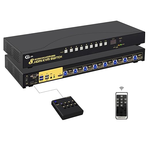 CKLau 8 Port USB 3.0 Rack Mount HDMI KVM Switch 4K60Hz with Audio 2 pcs USB 3.0 Hub and Cables Supports Keyboard Mouse Switching