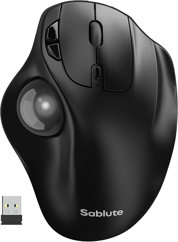 SABLUTE MAM2 Wireless Trackball Mouse with 5-Level DPI Ergonomic Mouse 2.4G Plug-and-Play for 3 Devices (Bluetooth or USB Receiver) 500mAh Battery Compatible with PC/Laptop/Mac/Windows-Grey Ball