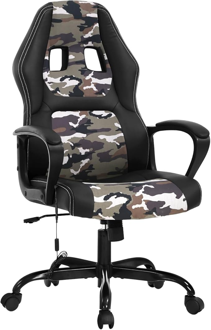 High-Back Racing Gaming Chair with Massage Lumbar Support - Ergonomic Adjustable Swivel - Black PU Leather - Perfect for Home Office or Gaming (Camo)
