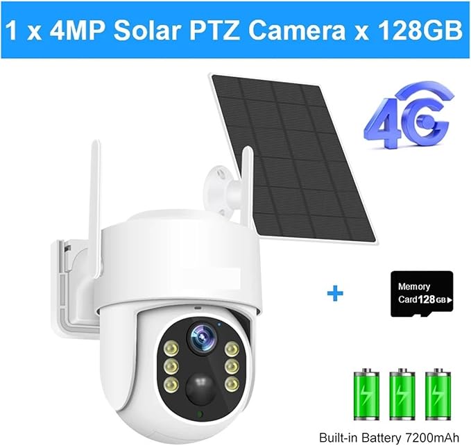 Solar Panel PTZ IP Camera WiFi 4MP 4G Video Surveillance Security Protection Built-in Battery Long Time Standby(4G Version and 128G)