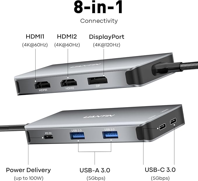 USB C Docking Station Dual Monitor Adapter Laptop Docking Station 3 Monitor Triple 4K60Hz Display with 2 HDMI 4K120Hz DisplayPort USB-A &amp USBC Data 100W PD USB C Dock for Dell HP Lenovo