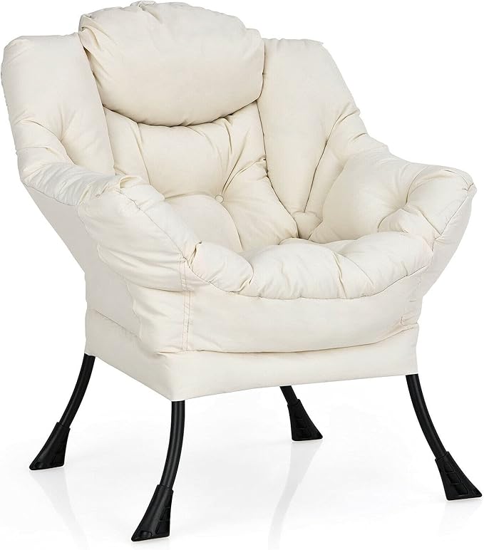 Beige Polyester Fabric Lazy Chair Upholstered Single Sofa Chair with Side Pocket Soft Headrest Wide and Thick Seat Cushion Curved Armrest Perfect for Watching TV Relaxing Reading Playing Video Games