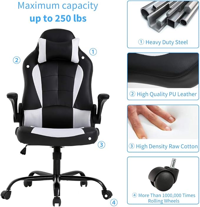 Office Chair PU Leather Desk Gaming Chair High Back Racing Height Adjustable Computer Chair with Back Lumbar Support and Removable Headrest Executive Swivel Chair Flip-Up Armrest Task Chair- White