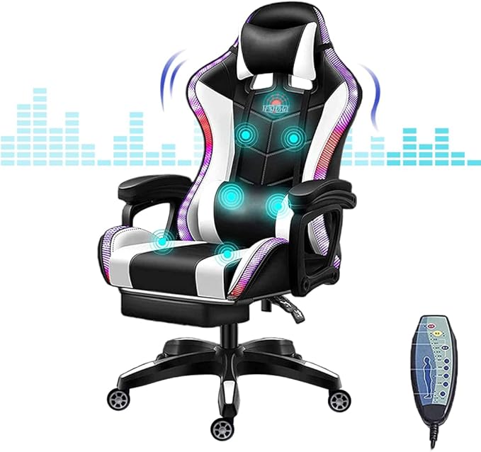 RGB Gaming Chair for Adults with Footrest and Massage Lumbar Pillow Swivel Height Adjustable Racing Reclining PU Leather LED Video Game Chair with Speakers E-Sports Gaming Chair