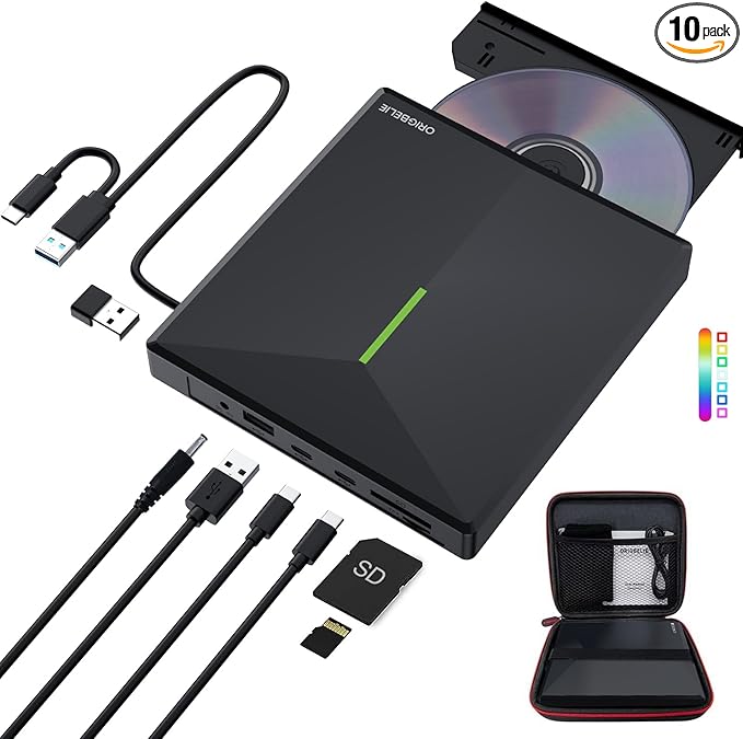 External CD DVD Drive with 4 USB Ports and 2 TF/SD Card Slots USB 3.0 Portable CD/DVD Disk Drive Player Burner Reader Writer for Laptop Mac PC Windows 11/10/8/7 Linux OS with Carrying Case