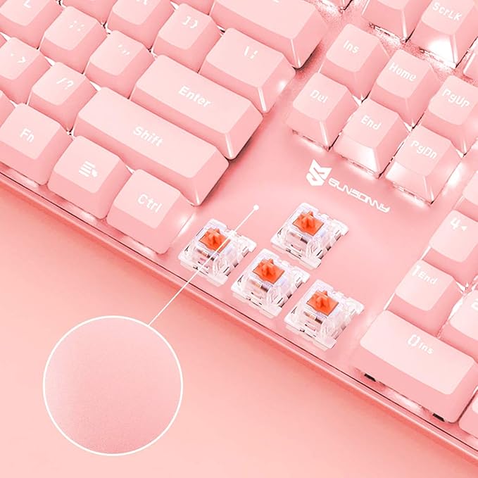 Full Size Wired Mechanical Gaming Pink Keyboard | Red Switch 104 Keys US Layout Full Size Pink PC Gaming Keyboards | Hot Swappable LED Backlit Light Up Wired Mechanical Computer Keyboards