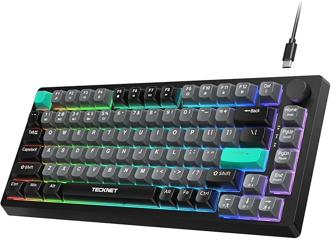 TECKNET Gaming Keyboard 75% Wired Keyboard RGB Backlit 82-Keys with Volume Knob Control 26 Keys Anti-ghosting Whisper Quiet Gaming Switch Travel Friendly for Windows Laptop PC Mac-Grey