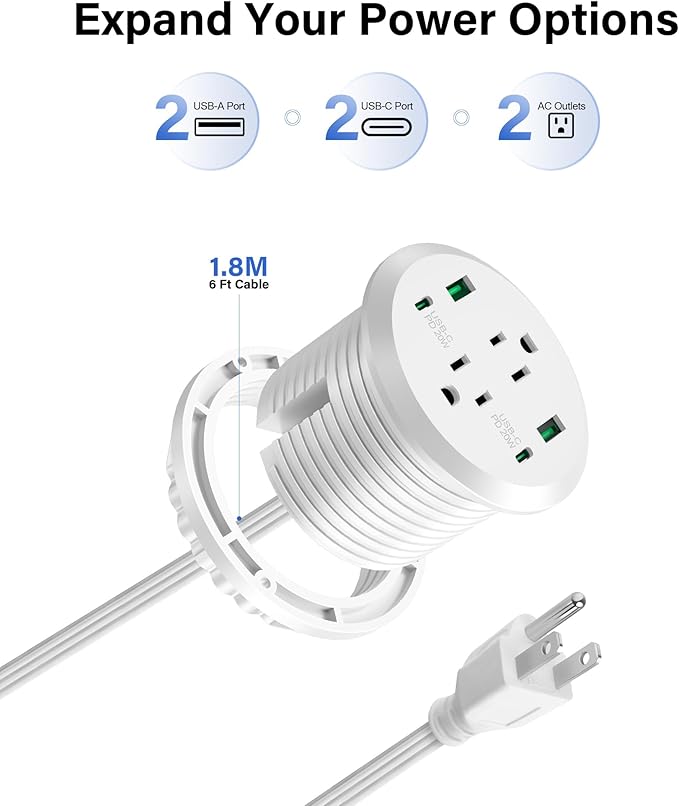 Desktop Power Grommet 3-inch Hole40W Total Fast Charging Station 2 PD 20W USB C PortFlush-Mount Recessed Power Strip 2 AC Outlets4 USB Portsin to The Top of Your Desk6ft Cord