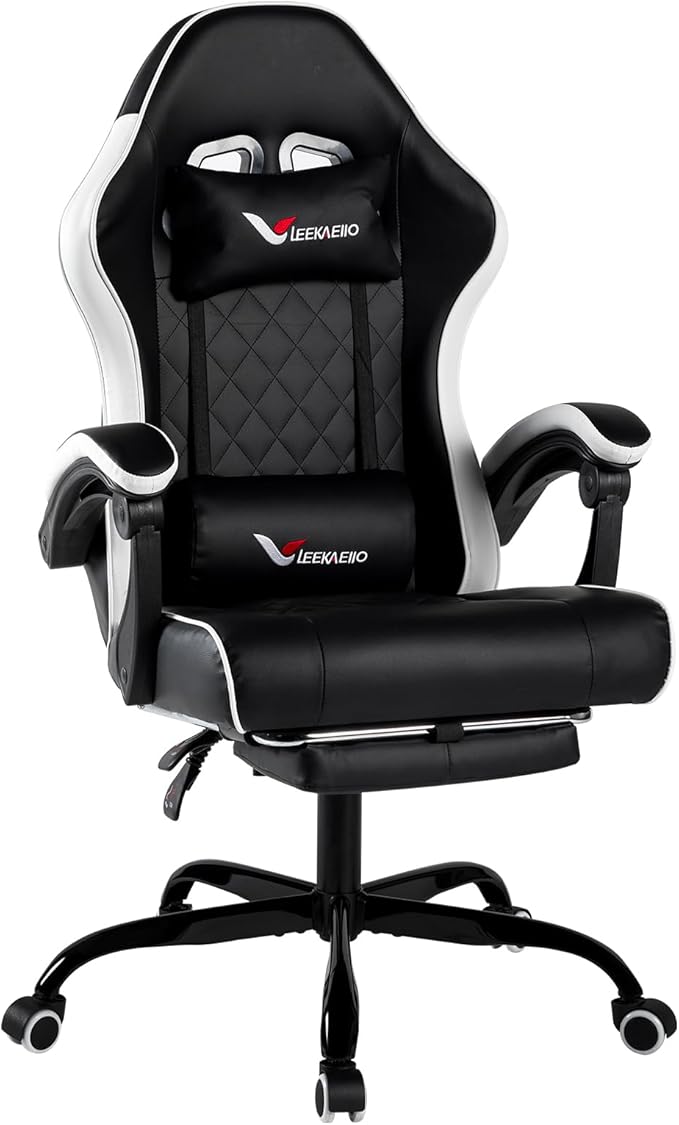 Gaming Chair for Adults with Footrest Lumbar &amp Headrest High Back Recliner Gamer Chair with Metal Legs 360° Swivel Height-Adjustable Leather Office Computer Chair (White)