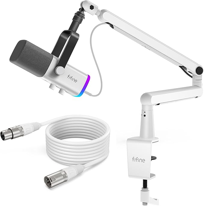 FIFINE Streaming Mic with XLR Cable and Low Profile Arm Set XLR Dynamic Micophone with Tap-to-Mute RGB Light 9.8ft Balanced CableAdjustable Boom Arm Kit for Streaming-AM8W+BM88W+L9W