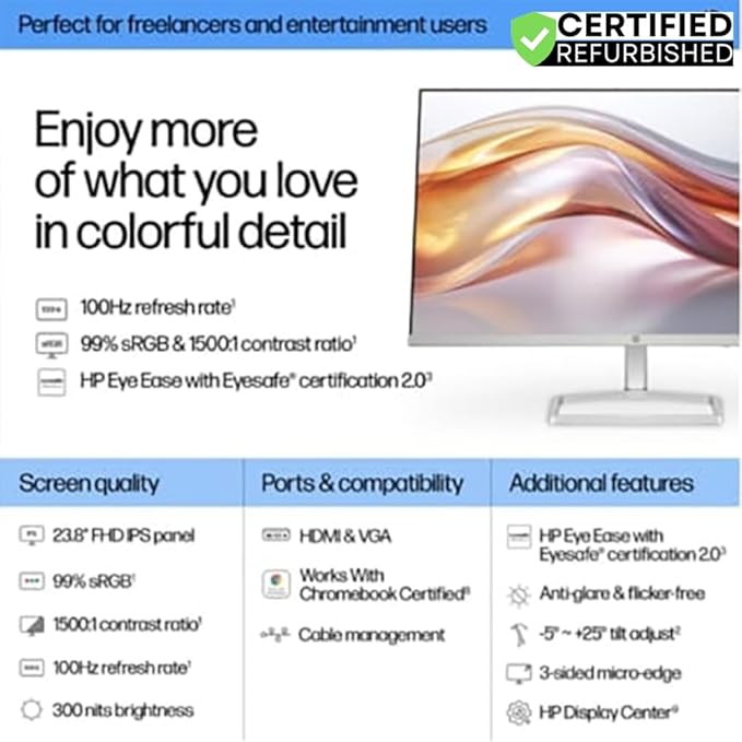 HP 94C17AA#ABA 524sf Series 5 24 inch FHD 100Hz 1500:1 5ms IPS Monitor Black/Silver (Renewed) Bundle with 2 YR CPS Enhanced Protection Pack