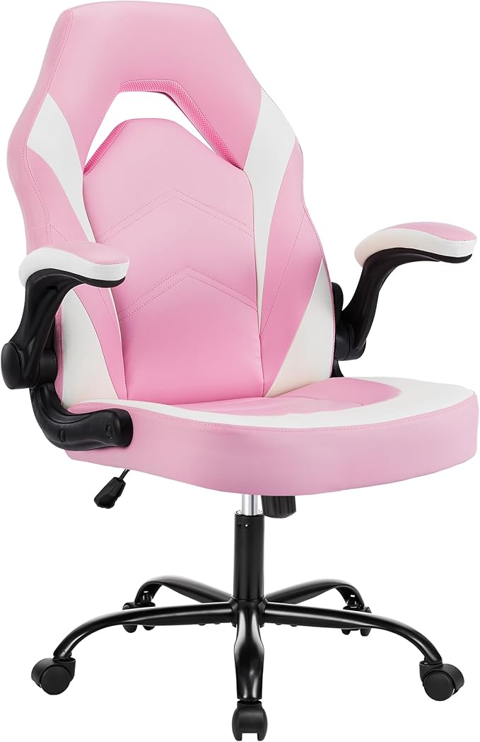 Heavy Duty Gaming Chair Ergonomic Gamer for Home Office with Lumbar Support Adjustable Backrest Flip-Up Armrest and Stable 360° Swivel Wheels for Adults Professional Gamers and Teens Pink-White