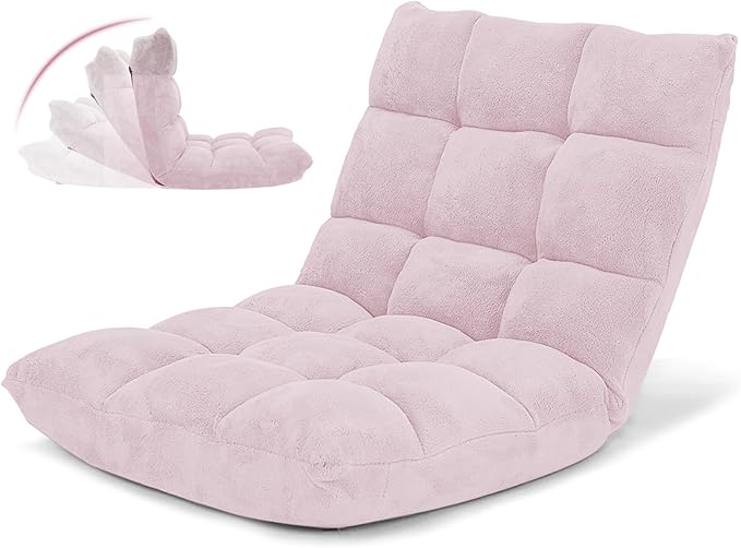 GOFLAME 14-Position Folding Floor Chair Padded Gaming Lazy Sofa Chair with Adjustable Backrest Couch Recliner Sleeper Bed Lounge Chair for Reading Gaming Meditating (Light Pink)