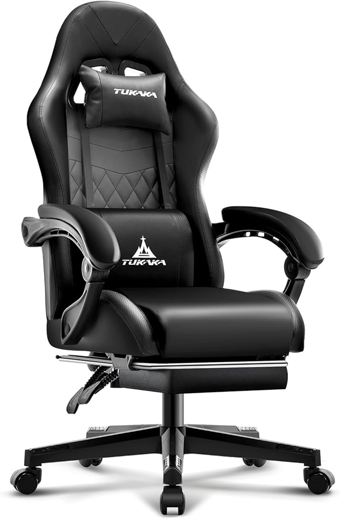 Gaming ChairErgonomic Massage Computer Office Desk Chair with FootrestPocket Spring CushionReclining Leather Adjustable Gamer Chair with Headrest and Lumbar SupportBlack