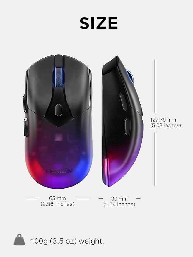 Lenovo Legion M410 Wireless RGB Gaming Mouse – 6 Button Palm Grip Mouse with 16000 DPI 53 Hour Rechargeable Battery 2-Zone RGB Lighting NVIDIA Reflex Compatible