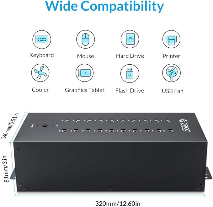 ORICO Industrial USB Hub 20 Ports Mountable 150W Powered Industrial Grade USB 2.0 Hub Full Metal Case High-Speed Data Transfer