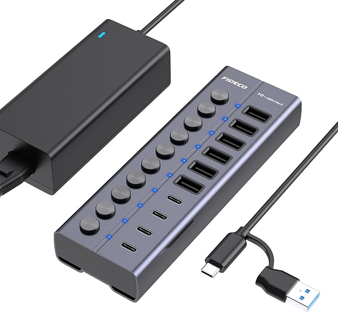 FIDECO 60W Powered USB Hub for Laptop and PC 10-Port 10Gbps USB Splitter with 12V 5A Power Adapter Aluminum USB 3.2 Gen 2 Multiport Adapter 6 USB-A and 4 USB-C Ports Support BC1.2 Charging