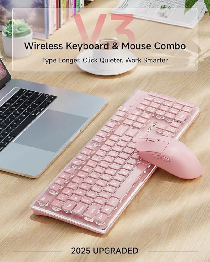 V3 Wireless Keyboard and Mouse with Single Backlit Metal Panel Bluetooth/2.4G Rechargeable Computer Keyboard and Mouse Combo Silent Lighted Full Size Cute Keyboards-Pink