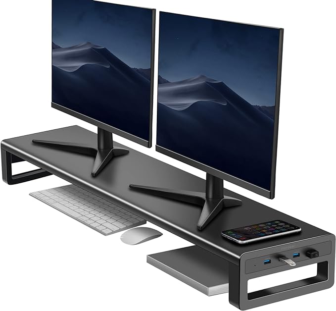 Vaydeer Dual Monitor Stand Computer Riser with USB 3.0 Hub Ports Double Metal Stand for 2 Computer TV PC Printer Multi Media Speaker Multifunctional Desktop Organizer