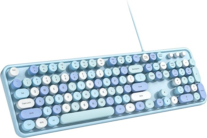 Computer Keyboard Wired Plug Play USB Retro Round Typewriter Keyboard Full Size Wired Keyboard with Foldable Stands for Laptop and Office PC - Blue Colorful