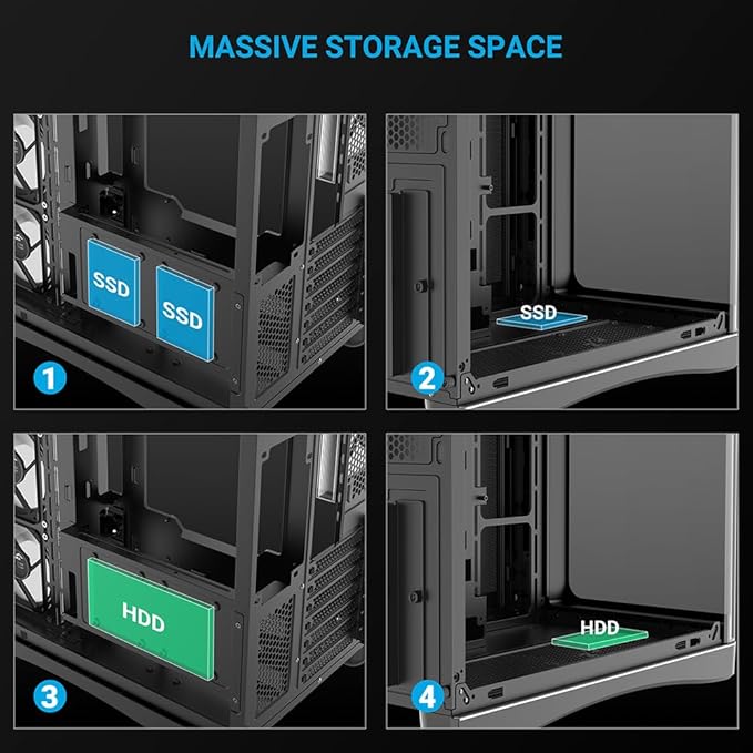 SAMA V62 Mid-Tower PC Case 7x120mm Pre-Installed ARGB PWM Fans 4mm Tempered Glass USB 3.1 Type-C &amp USB 3.0 Ports 7 Slots Support ATX/MATX/ITX (Back-Connect Compatible) Black